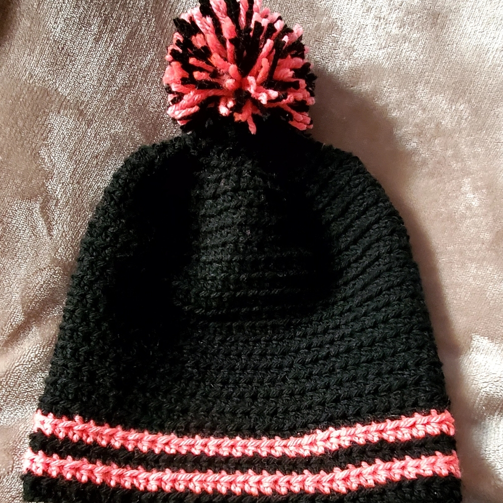 Black and Pink Kids Pom-Pom Beanie